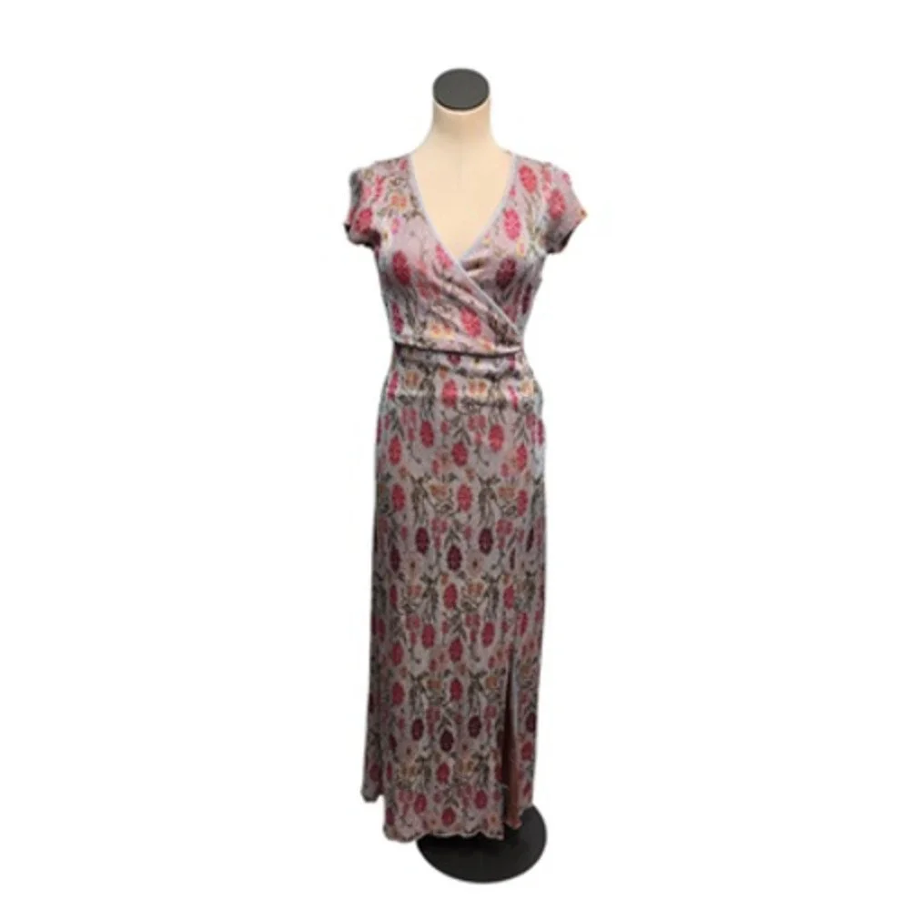 Cecilia Prado Dress Womens XS Pink Floral‎ Knit Wrap Surplice Cap Sleeve Maxi